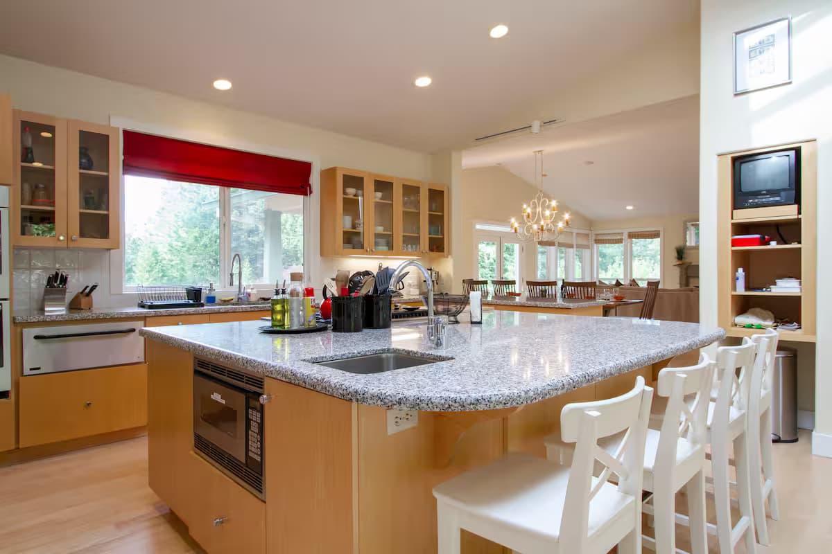 Bright, spacious kitchen with a large central island